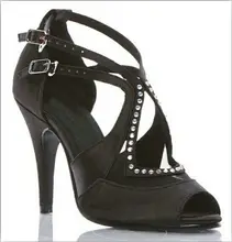 New Ladies Girls Black Satin Crystal Salsa Ballroom Dance Shoes Latin Mambo Tango Dance Shoes ALL