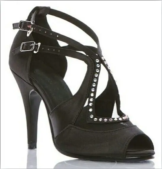 New Ladies Girls Black Satin Crystal Salsa Ballroom font b Dance b font Shoes Latin Mambo
