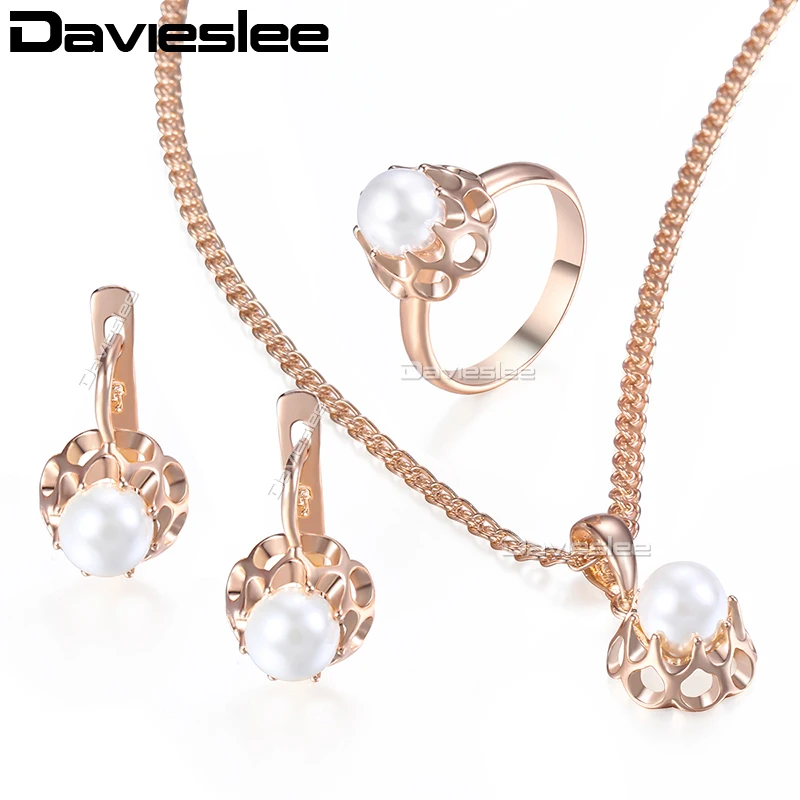 

Davieslee Jewelry Set Stud Earring Ring Pendent Necklace For Women Simulated Pearl Bead Ball 585 Rose Gold Filled GE142