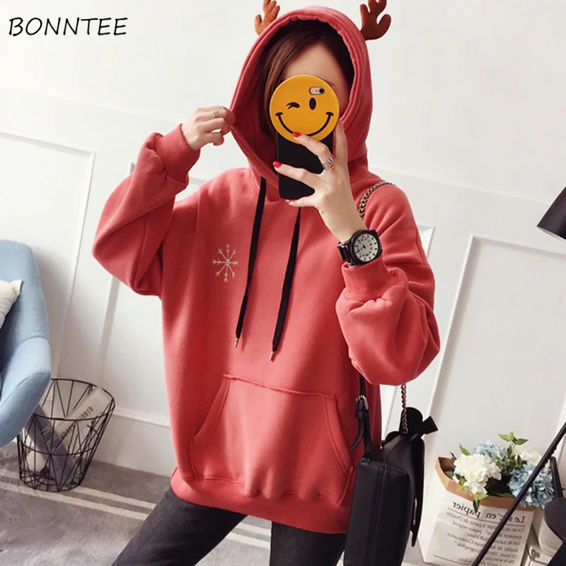 

Hoodies Women Warm Plus Velvet Kawaii Hooded Long Sleeve Trendy All-match Womens Cotton Korean Style Sweatshirt Simple Leisure
