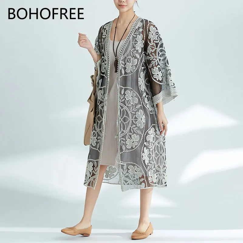 BOHOFREE прозрачное кружевное платье-кимоно с вышивкой женское платье цветочной