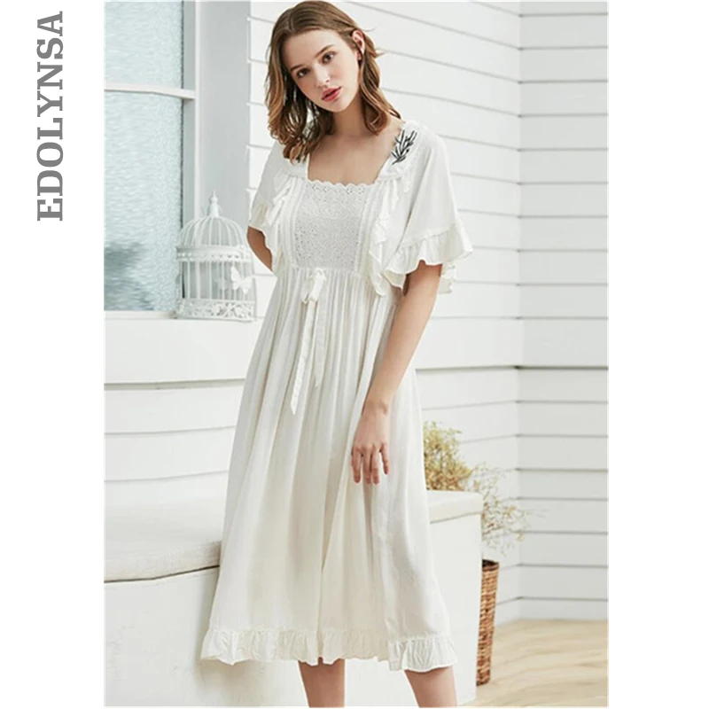 

Victorian Style U Neck Ruffle Home Wear Night Dress Elegant High Waist Short Sleeve Nightgwon Plus Size Women Sleepwear T371