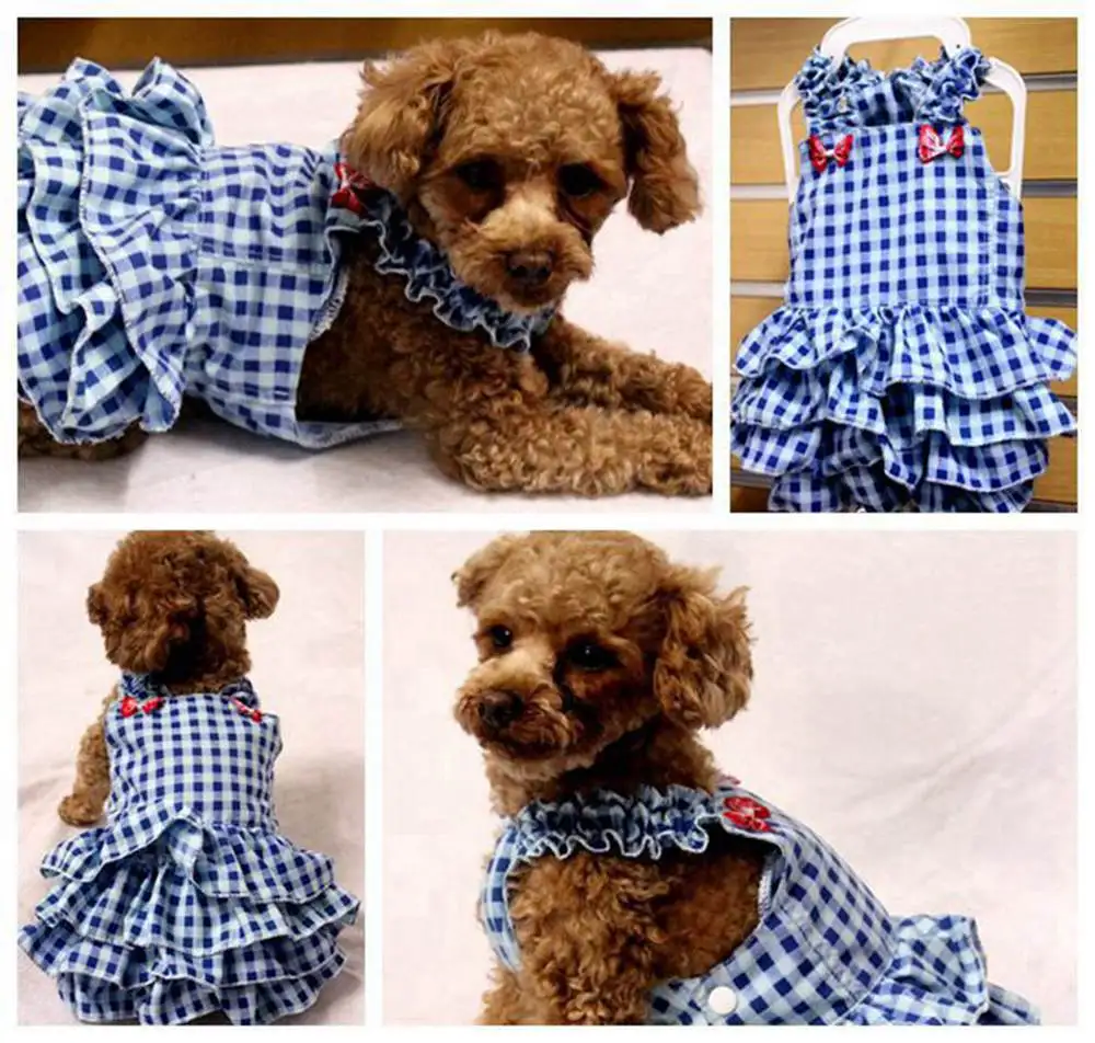 Dog Clothes Dresses Spring Princess Summer Dress Clothes Blue Grid