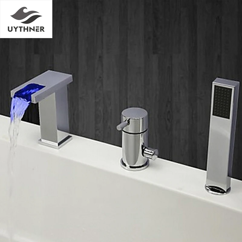 

New US Free Shipping Modern Fashion LED Light Changing Bathroom Waterfall TubFaucet Set W/ ABS Shower Hand Mixer Tap Deck Mount