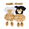 4pcs/set Baby Girl Romper Clothing Set Cotton Jumpsuit Golden Ruffle Bloomers Shorts Shoes Headband Suit Newborn Clothes Costume 1