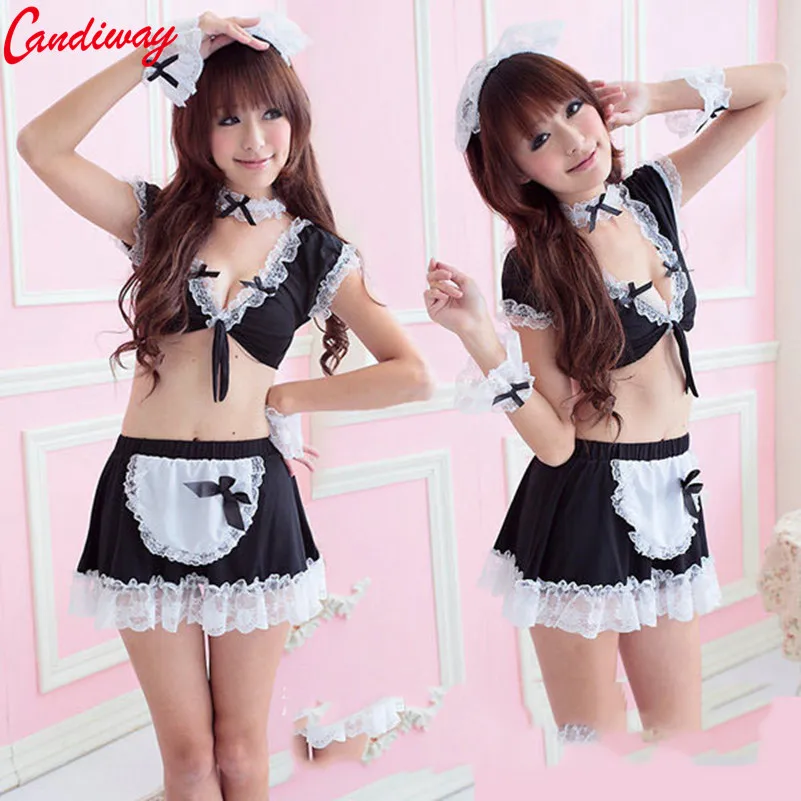 fancy Classified Wet Look French Maid Outfit Black Lace Sexy Lady Uniform sexy costumes Adult Sex Games