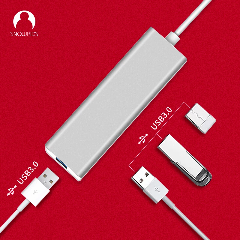 Snowkids USB 3.0 Hub Splitter Adapter 1*USB to 4*USB Alluminum Shell High Speed for Laptop Desktop for Dell HP Surface MacBook