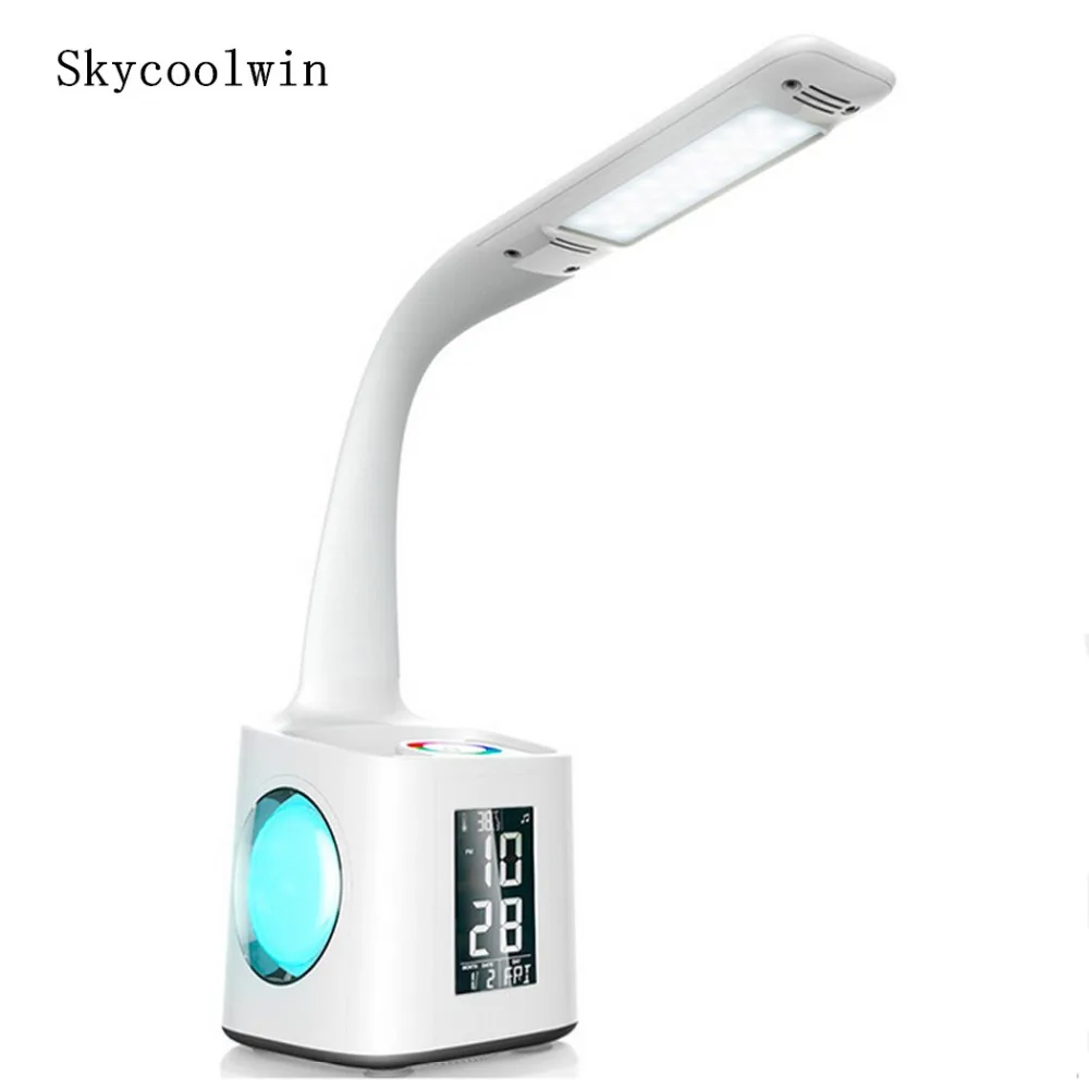 

Skycoolwin LED Desk Lamp with USB Charging Port for Study Dimmable Table Lamp with Clock Pen Holder Thermometer Calenda
