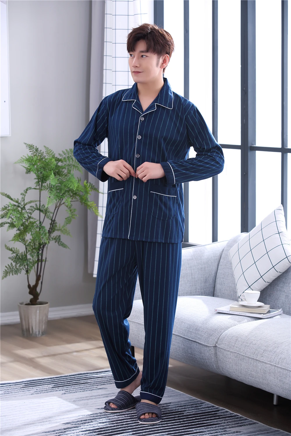 Yuzhenli, мужские пижамы, весенние хлопковые пижамы с длинным рукавом, мужские полосатые пижамные комплекты для отдыха, большие размеры, ночное белье, 3XL