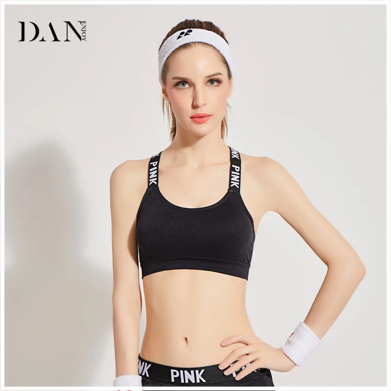 DANENJOY Women Fitness Padded Compression Pink Sports Bra Sportswear Quick Dry Elastic Crop Top