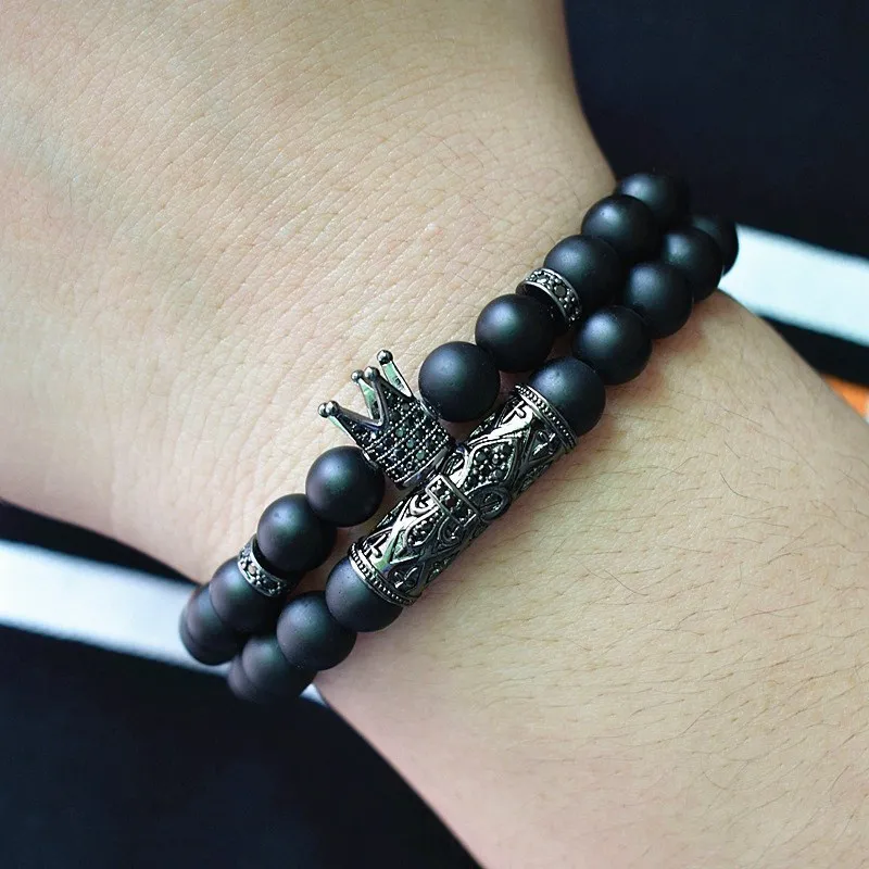 4 цвета матовый камень Pulseira hombres CZ императорская корона и шлем Шарм браслет для