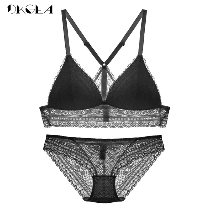 New Young Girl Seamless Vest Bra Set Plus Size 38 36 Ultrathin Cotton Women Lingerie Sexy Embroidery Lace Underwear Sets Black