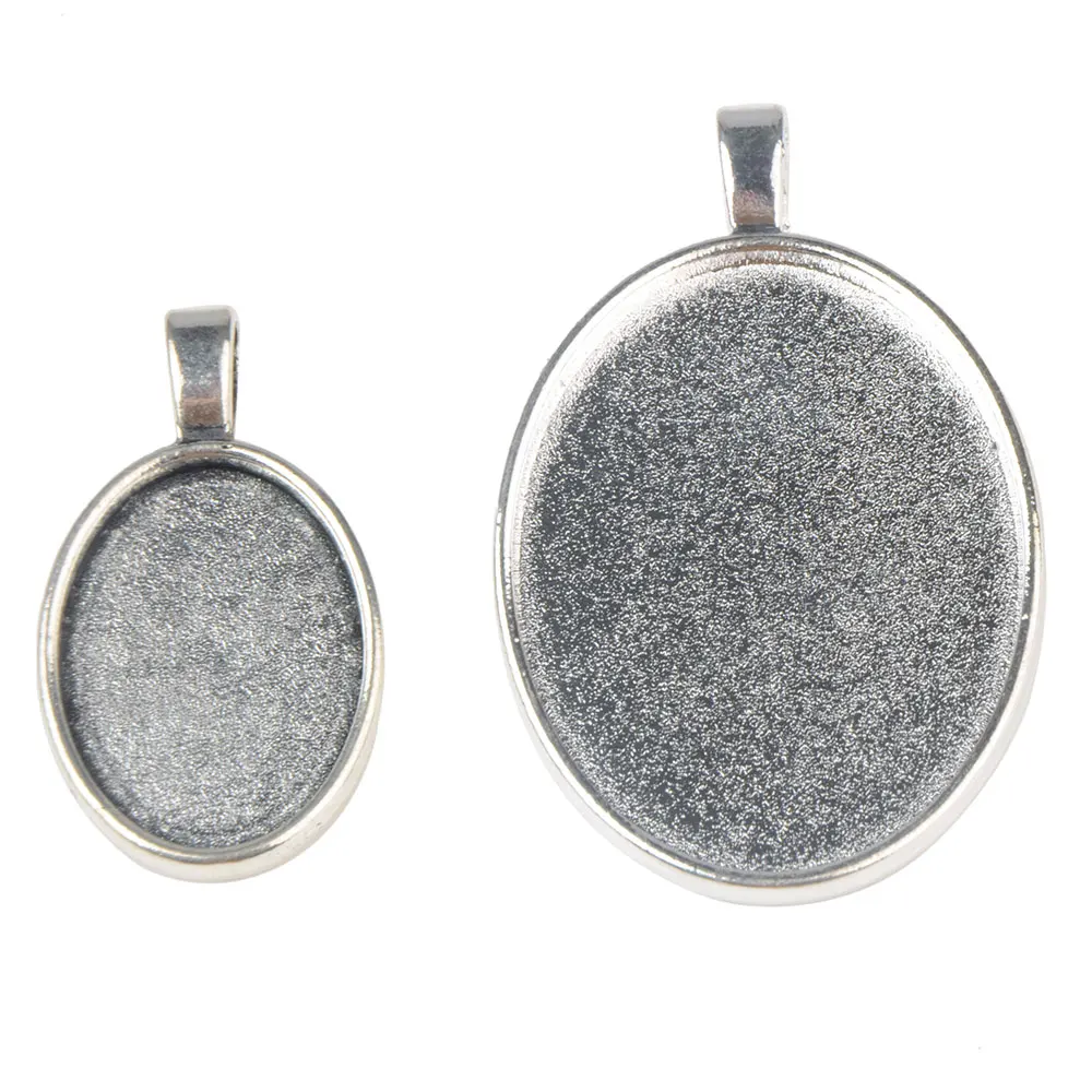 

LFPU 2 Sizes Silver Plated Cabochons Bases Bezels Trays Pendant Cameo Settings For Oval Cabochon DIY Necklace Jewelry Making