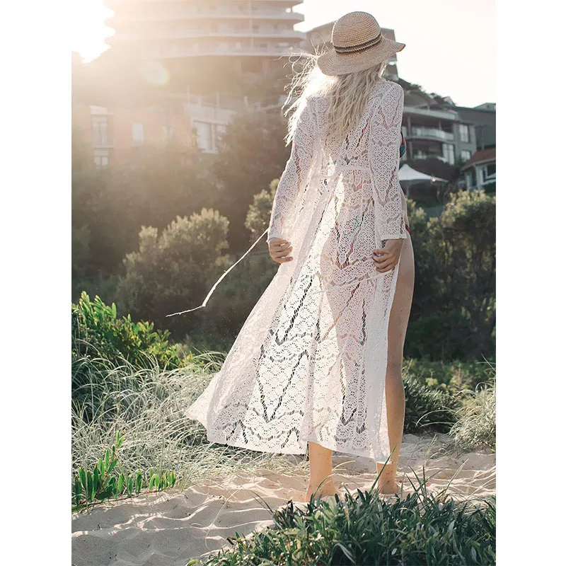 Boho Chic платья длинное пляжное платье Летнее белое кружевное парео женское