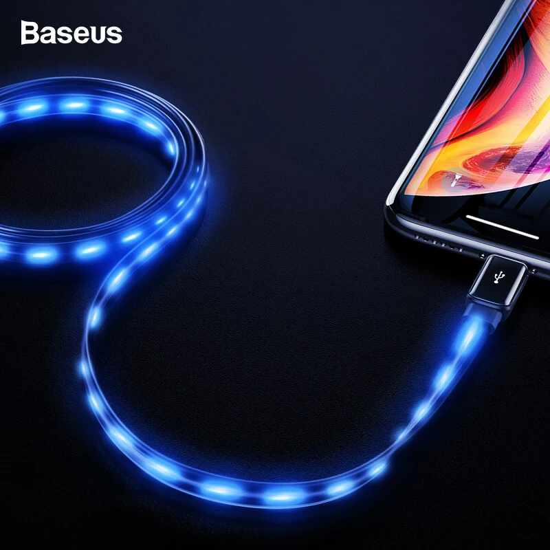 Baseus плоский струящийся светодиодный светящийся usb-кабель для iPhone XS Max XR X 8 7 6 6s Plus 5 5S se светящийся кабель для быстрой зарядки
