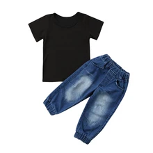 Летние детские для маленьких мальчиков черная мини-хлопковые футболки+ длинные джинсовые штаны джинсы комплект одежды