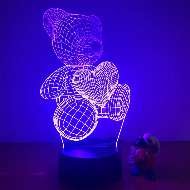Милый плюшевый мишка Love Heart 3D светодиодный светильник ночник фигурка 7 цветов