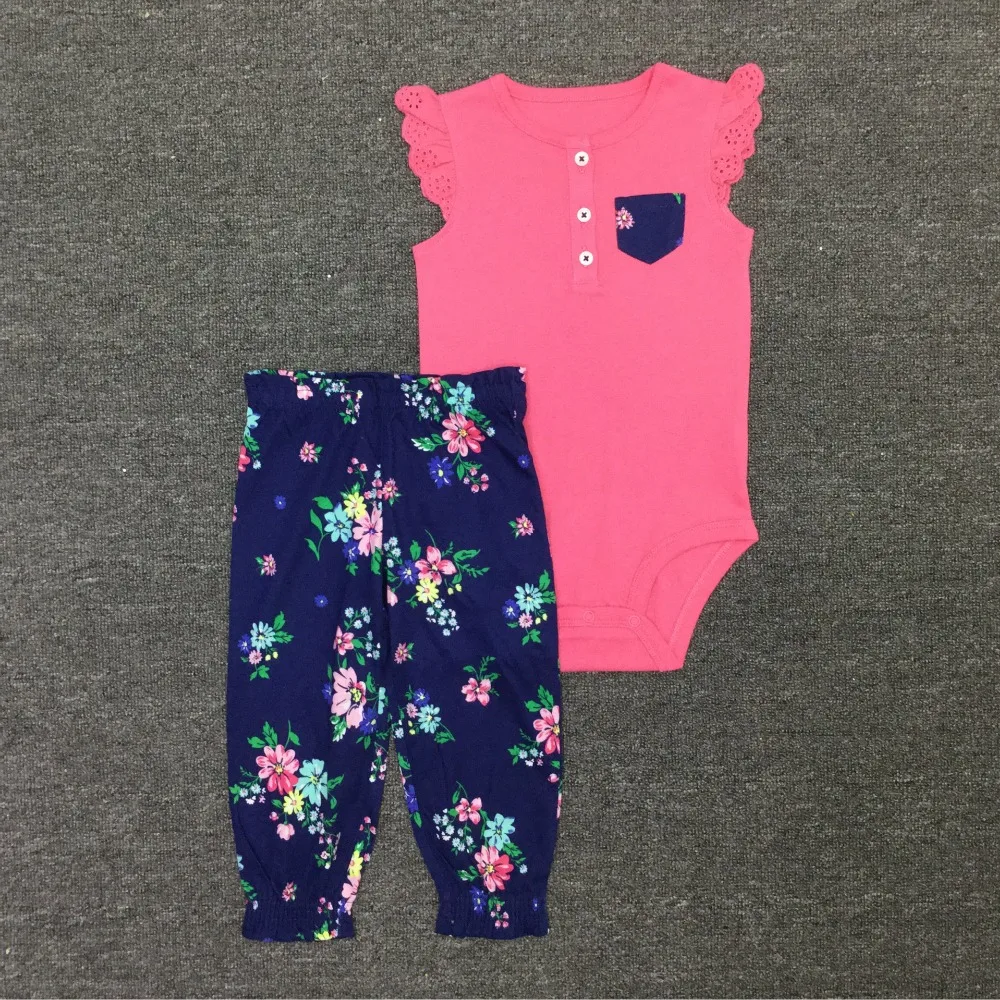

Baby Girl Cotton Sleeve Romper+ Printed Flower Pants 2 pieces Clothing Set for Summer 6M to 24M Infant Clothing Set