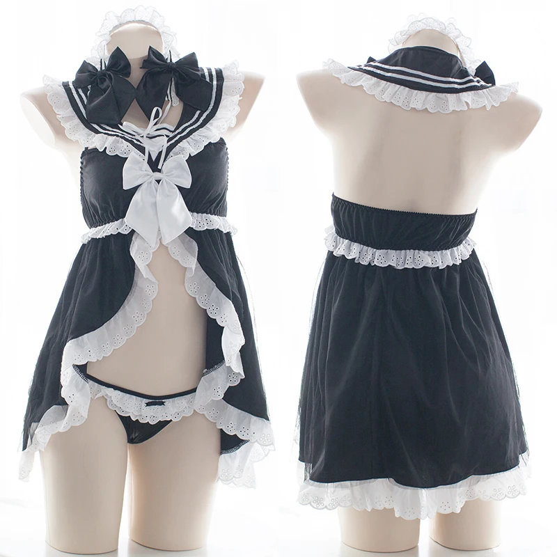 Sexy Women Pajama Set Japanese Navy Style Intimates 4pcs Lolita Bowknot Ruffle Camisole Tops &amp Panties Headwear &ampWristband |