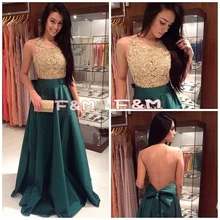 2016 New Fashion High Neck A-linie Dunkelgrün Abendkleider Mit Gold Spitze Top Taft Abendkleid Lange