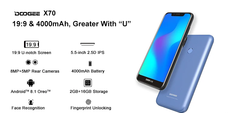 DOOGEE X70 2GB RAM 16GB ROM MTK6580A 1.3GHz Quad Core 5.5 Inch 2.5D IPS Screen Dual Camera Android 8.1 3G Smartphone