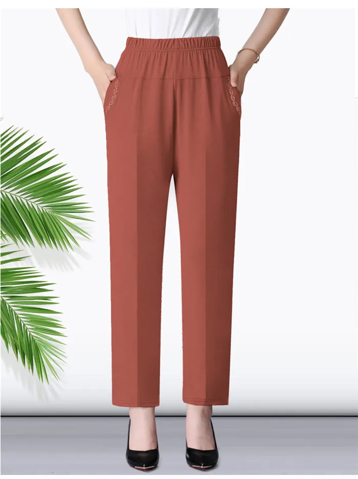 Женские весенне-летние брюки среднего возраста с эластичной резинкой на талии, свободные хлопковые Длинные повседневные брюки для мамы размера плюс XL-5XL, W871 - Цвет: Red (nine pants)