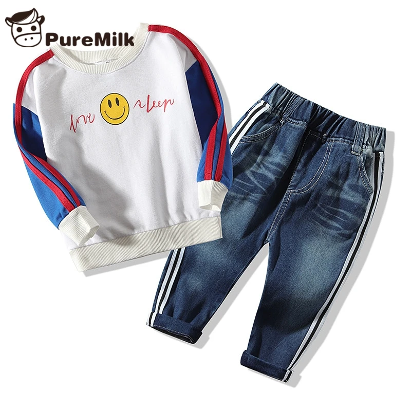 PureMilk/Одежда для мальчиков с принтом смайлика, одежда для маленьких девочек, Спортивная рубашка с джинсами, повседневная детская одежда