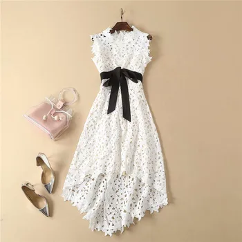 

High Quality Runway Designer Spring Summer Dress Women 2019 Fashion Sleeveless Hollow Out Bowknot Midi High Low Lace Dress Party