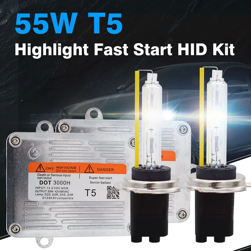 

SKYJOYCE 1 Set 55W Fast Start HID Kit DLT T5 Fast Bright HID Ballast 5500K Highlight HID Bulb H1 H3 H7 H11 9005 9006 9012 D2H