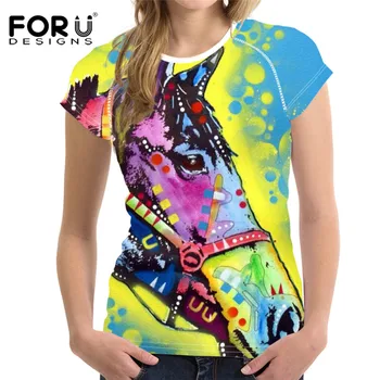 

FORUDESIGNS Colorful Horse Head Design Casual Female Tshirts Summer Breathable Tops Tee Shirts for Girls Ladies Casual T Shirts