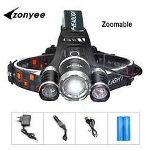 Zonyee Flashlight Forehead Headlamp Led 10000 Lumen Headlight Flashlight Zoom Flashlight Torch 3 XML-T6 LED Lamp 18650 Batteries