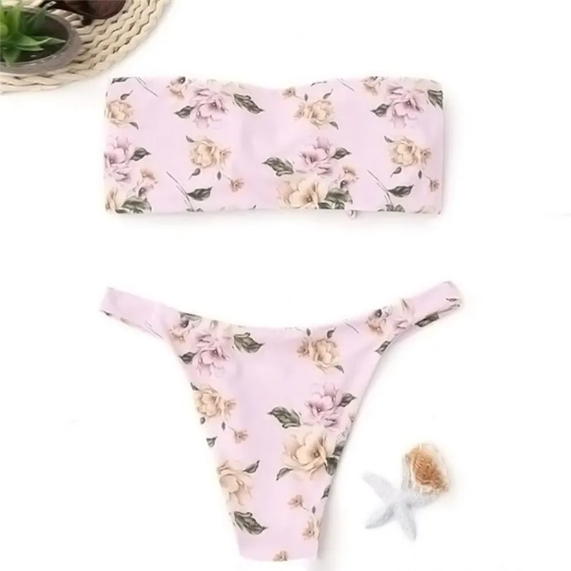 Summer Bikini Set Knotted Tie Wrap Chest Swimwear Women's Swimsuits with High Waist Sexy bikinis Flower bathing suit 3J21  (9)