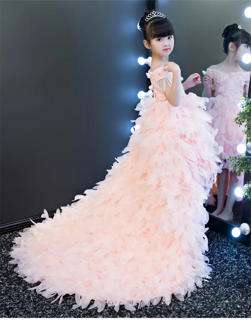 Роскошное Модное детское праздничное платье принцессы с цветочным рисунком для девочек с длинным шлейфом из перьев; элегантное розовое платье для дня рождения и свадьбы