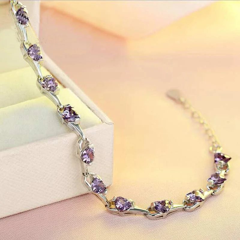 Ruifan сердца любовь фиолетовый CZ циркон аметист женские браслеты 925 пробы Серебряный браслет для женщин обручение Jewelry YBR086