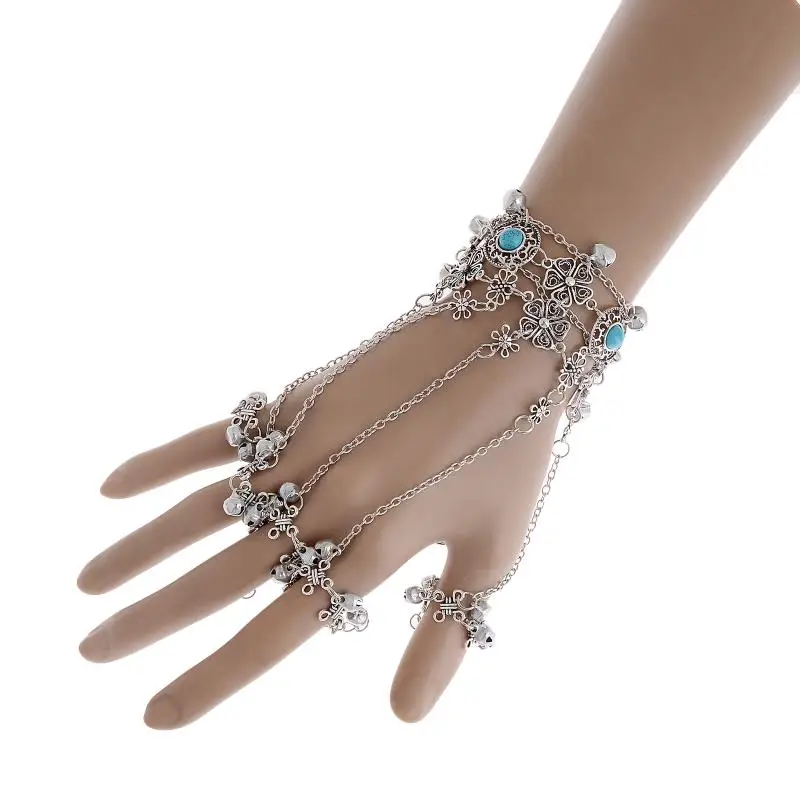 Bohemian Silver Bell Charms Slave Bracelets Floral Blue Gem Beads Chain