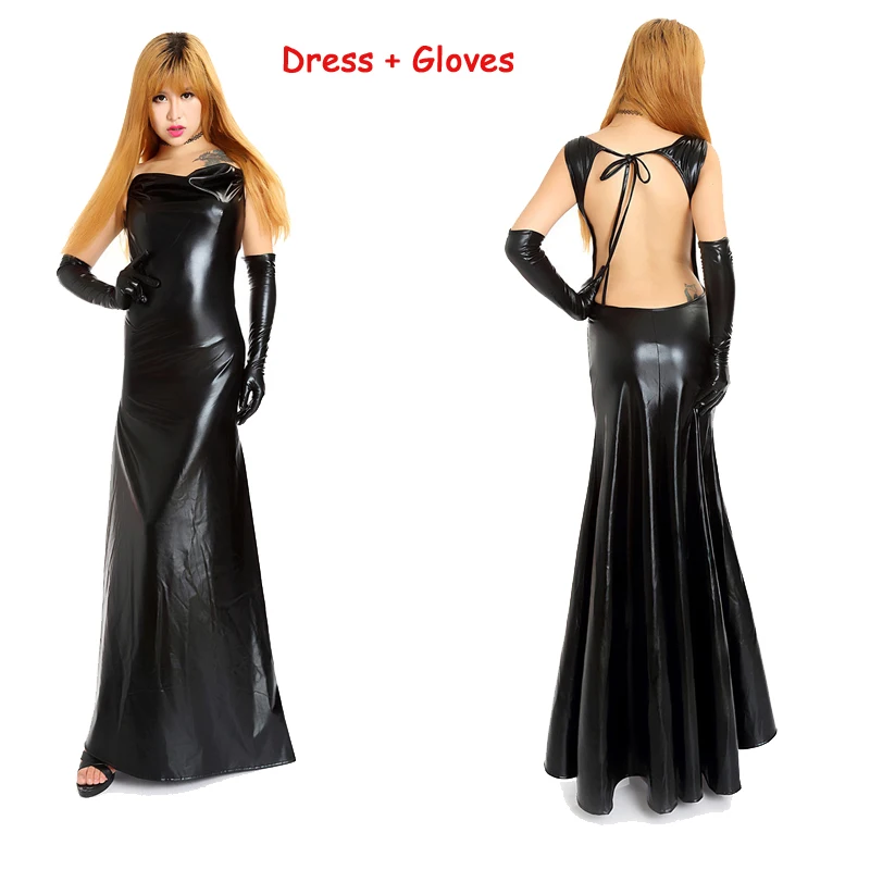 Эротическое кожаное платье в пол с открытой спиной виниловое нижнее женское