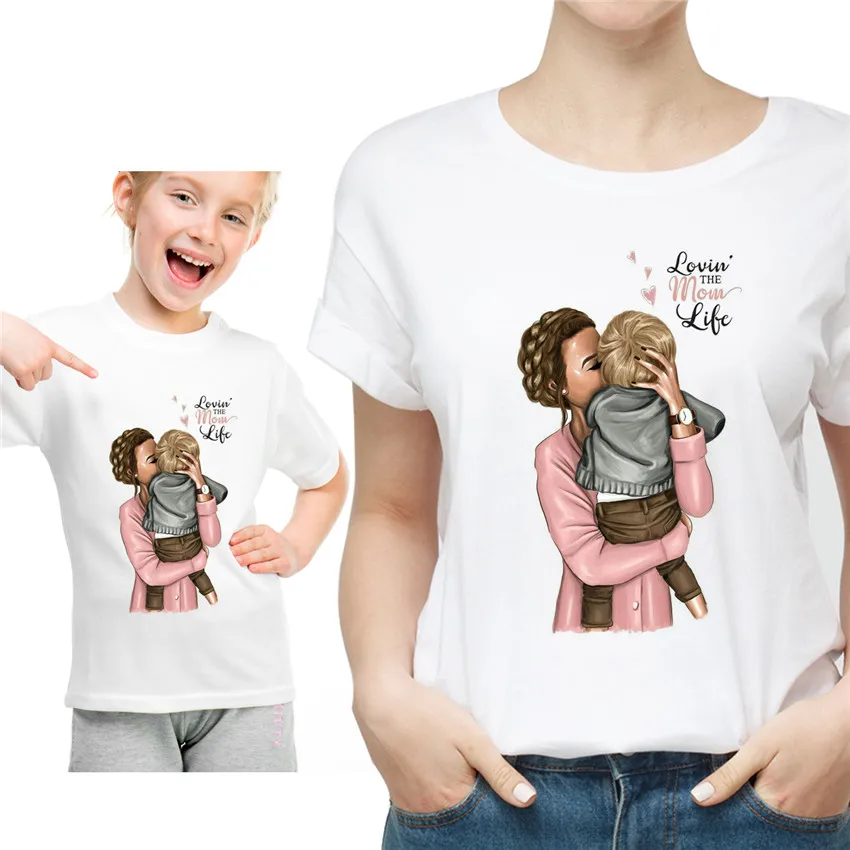 

Summer Style Mom and Son Mother's Love Harajuku Printing Tshirt for Parent-child Clothing Casual Lovely White Women T Shirt Tops
