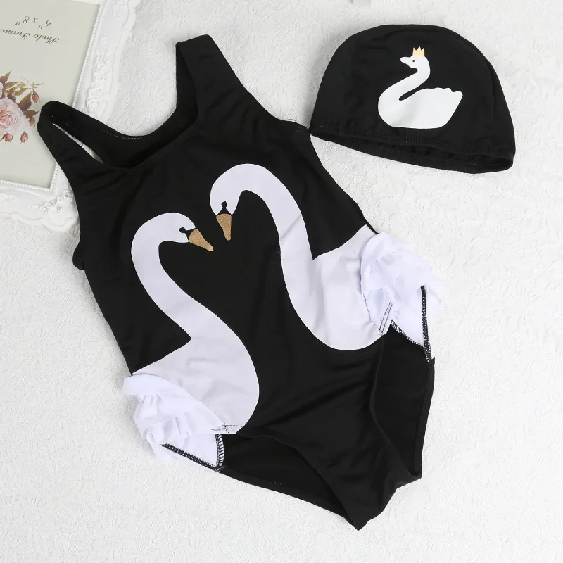 

2019 Girls One Piece Swimsuit with cap Black Swan Children Girls Beach Wear Summer Bathing Suits For Girl Cute Swimwear G53-jx19