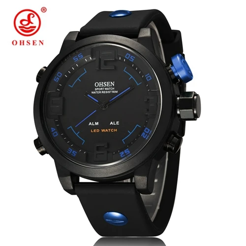 Известный бренд OHSEN модные цифровые кварцевые мужские наручные часы 50 м водонепроницаемый резиновый ремень светодиодный черный мужской черные прозрачные стразы подарки - Цвет: Blue