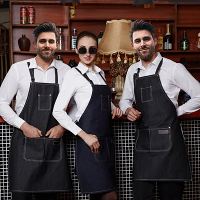 

Aprons Denim Leather Simple Uniform Unisex Adult Jeans Aprons for Woman Men Western cafe Barber Bartender BBQ Chef Practical