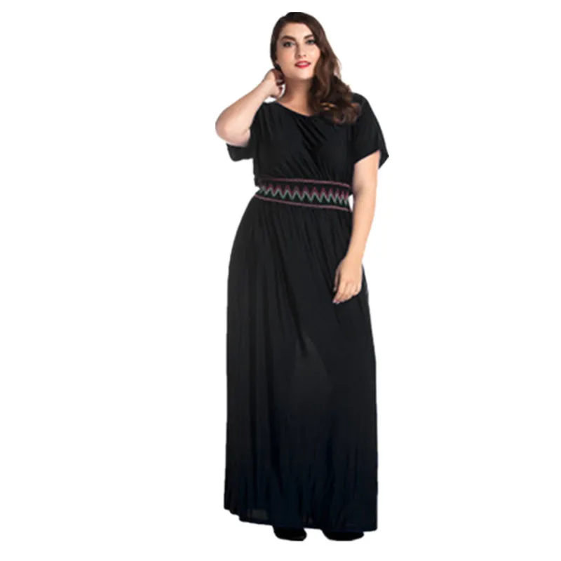 Летнее богемное платье размера плюс L-7XL, Пляжное длинное платье с эластичной резинкой на талии, шелковое платье с короткими рукавами, свободное платье OKXGNZ - Цвет: black
