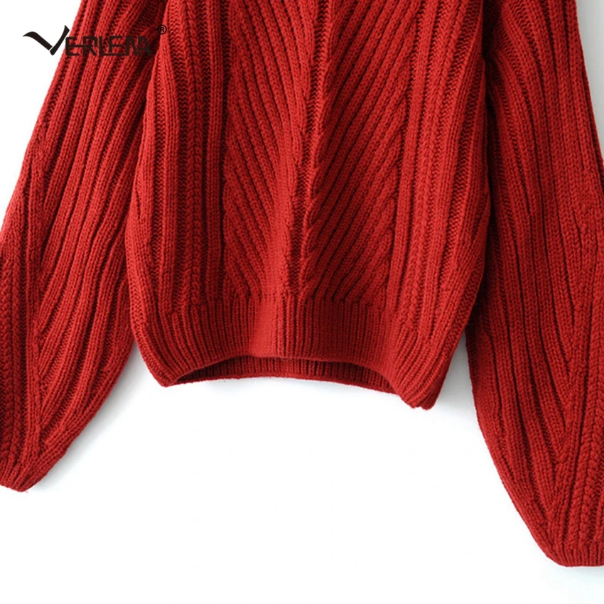 Verlena, толстый теплый осенний красный свитер для женщин, в полоску, длинный рукав-фонарик, водолазка, Свободный вязаный пуловер, модные свитера