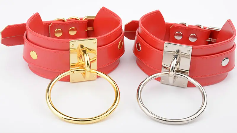 Red Stylish Luxury Leather Punk Choker Fetish Rock Big Metal O-Round Golden Silver Collar Oversized Handmade Harness Necklace 7