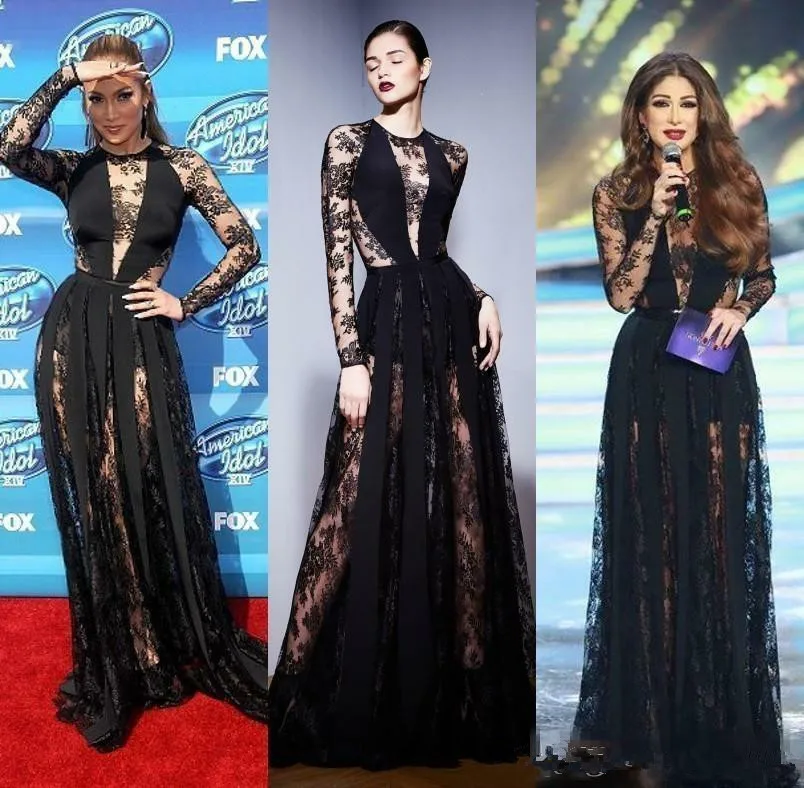 64-1     Black Illusion Long Sleeve Sheer Lace A Line Formal Dresses Evening Gowns Party
