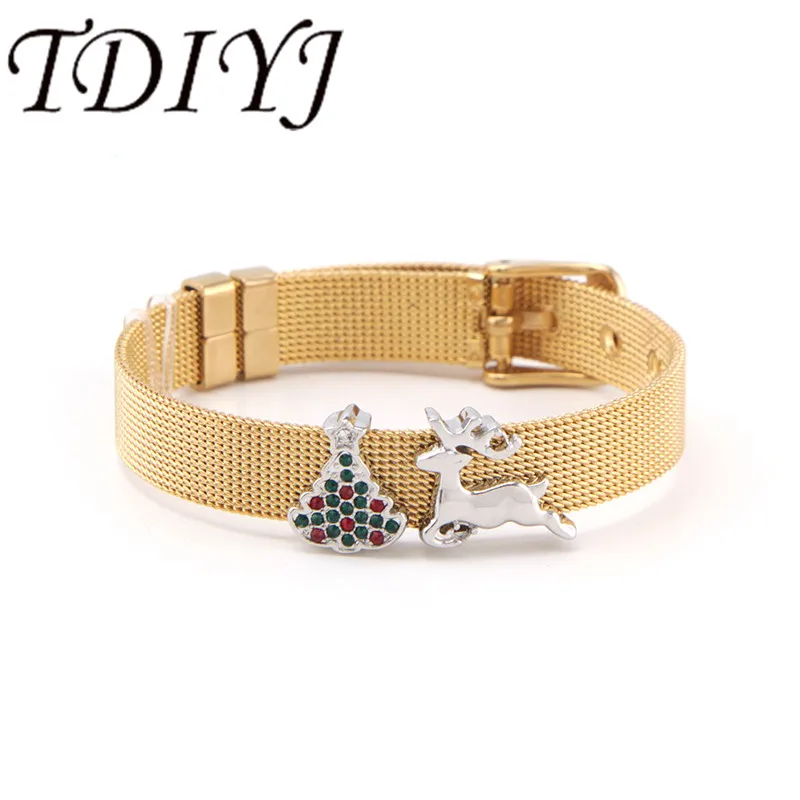 

TDIYJ Christmas Gift DIY Green Christmas Tree Deer Slide Charms Personalized Stainless Steel Mesh Bracelet Women Jewelry 1Set