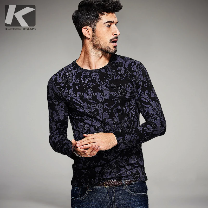 2017 Spring Mens Fashion T Shirts Black Flower Print Brand Clothing Man