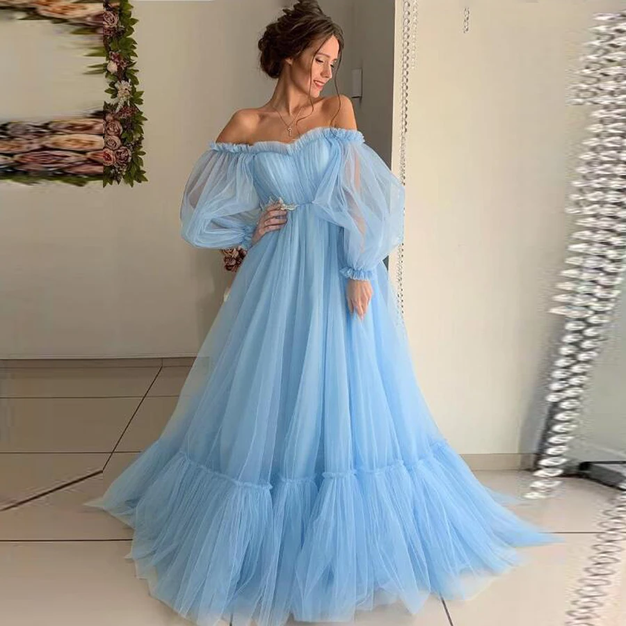 

Modest Tulle Off-the-shoulder Neckline Floor-length A-line Prom Dresses with Lace Appliques Waist Lace-up Back Evening Dress