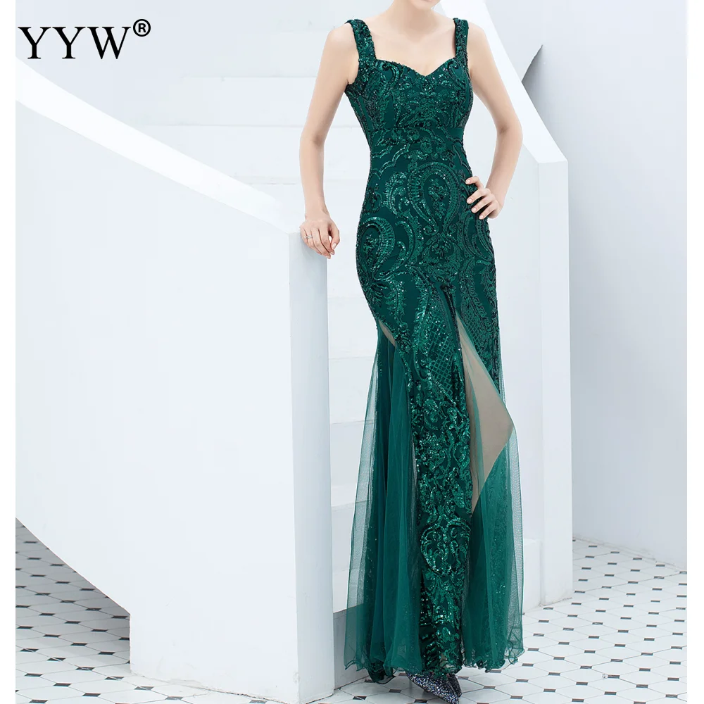 Green Sequined Summer Long Party Dress Spaghetti Strap Sexy Evening Gowns Women Sequin Mesh Patchwork Elegant Club Dresses