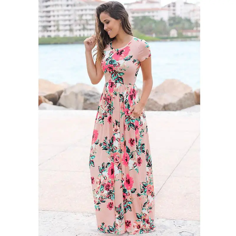 Женское платье, лето, короткий рукав, с принтом, макси платья, модное, сексуальное, с талией, длинное платье, Vestido S-3xl, элегантное - Цвет: 00493 pink short