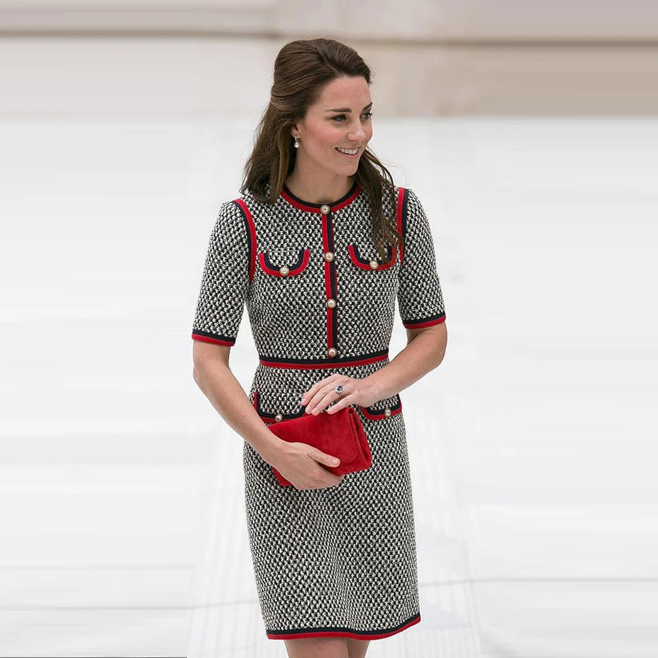 

Kate Middleton Tweed Women Dress Vestidos Thick Thread Houndstooth Patchwork Dresses Round Neck Short Sleeve Slim Dress Female